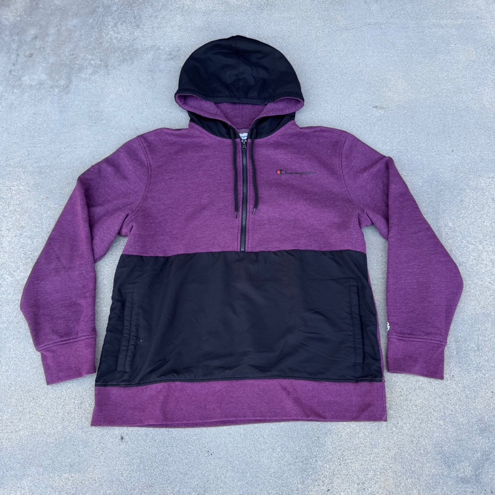 Champion Mens Quarter Zip Hoodie Purple Black Colorblock Fleece Pullover Large